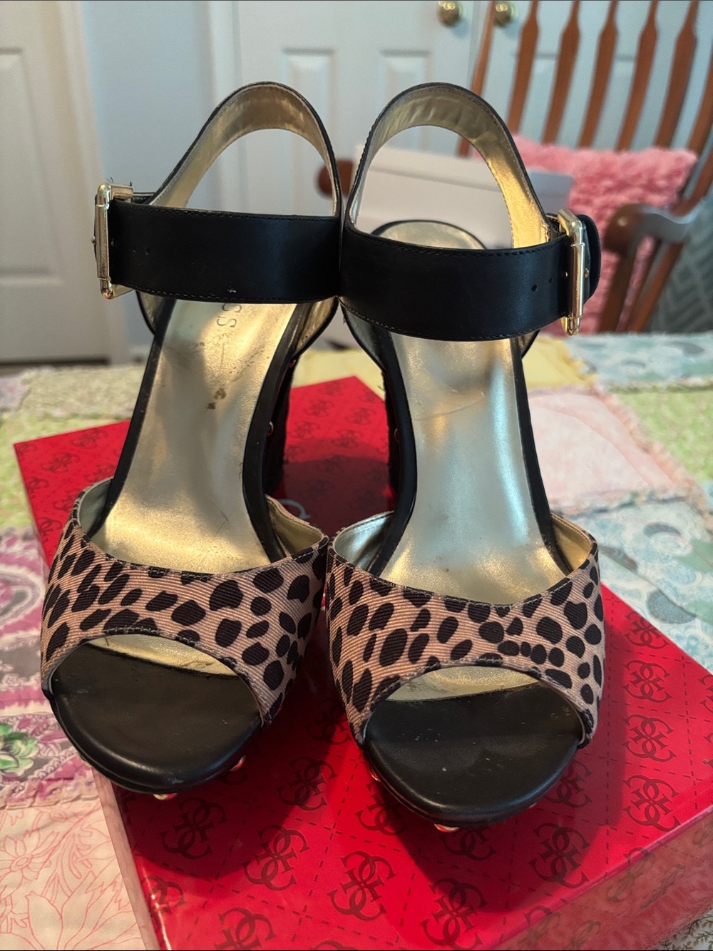 Guess Leopard Print Open-Toe Platform Sandals with Black Ankle Strap